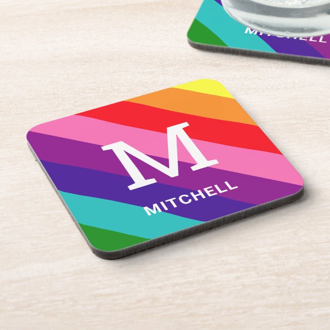 Rainbow 8 Stripe Gay Pride Custom Monogram Initial Getränkeuntersetzer (Linke Seite)