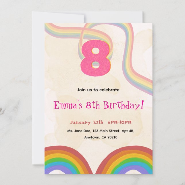 Rainbow 8th Birthday Party, Pink Girl Invitation Einladung (Vorderseite)