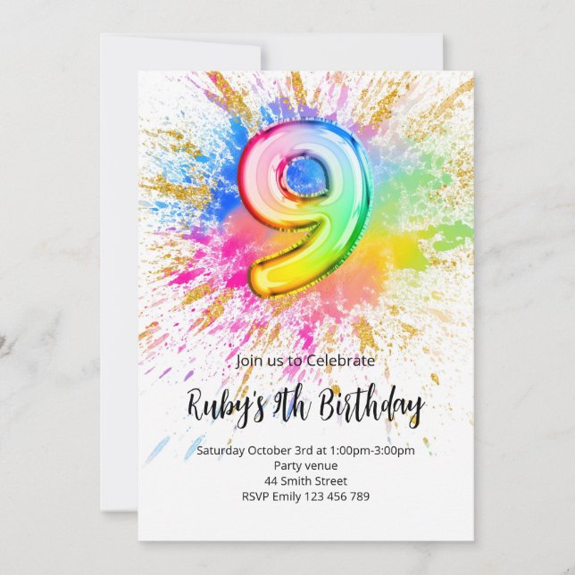 Rainbow 9th Birthday Invitation Einladung (Vorderseite)