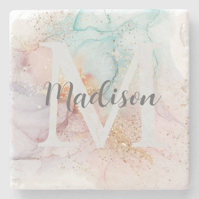 Rainbow Alcohol Ink & Gold Glitzer Monogram Name Steinuntersetzer (Vorderseite)