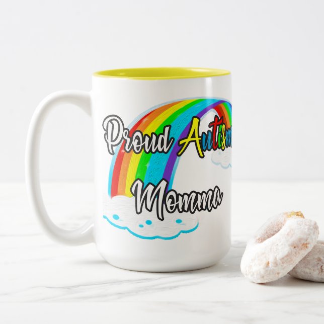 Rainbow and puzzles Proud Autism Mama Zweifarbige Tasse (Mit Donut)