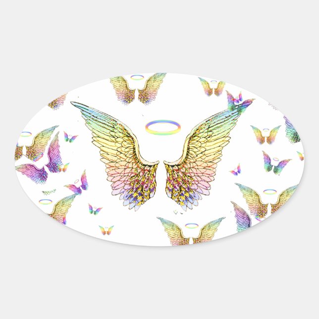 Rainbow Angel Wings and Halos Ovaler Aufkleber (Vorderseite)