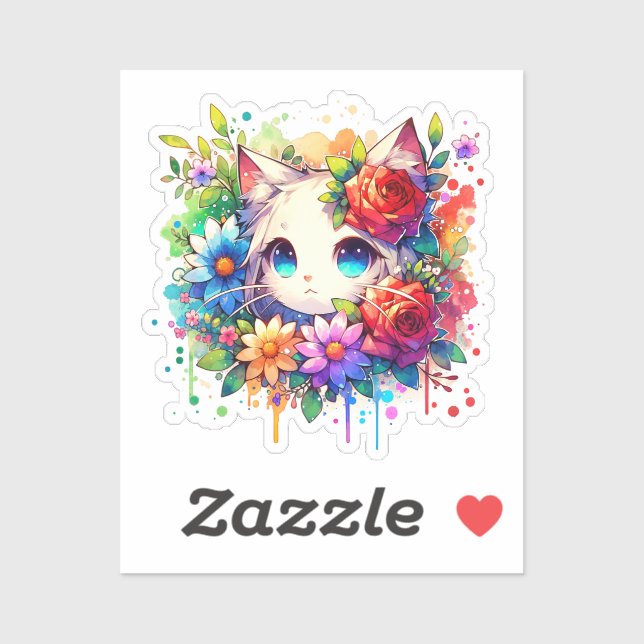 Rainbow Anime Kitten und Blume Aufkleber (Blatt)