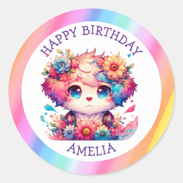 Rainbow Anime Welppy Birthday Cake Personalisiert Runder Aufkleber (Vorderseite)