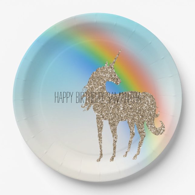 Rainbow Aqua Ombre Gold Glitzer Unicorn Pappteller (Vorderseite)