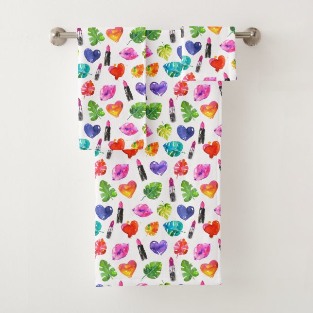Rainbow Aquarellpalme Blätter Button Kiss Lippenst Badhandtuch Set (Insitu)