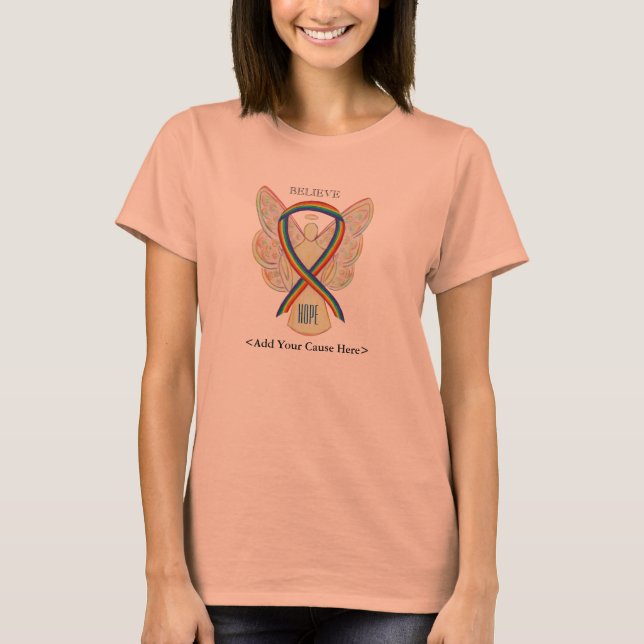 Rainbow Awareness Ribbon Engel Custom Ursache Shir T-Shirt (Vorderseite)