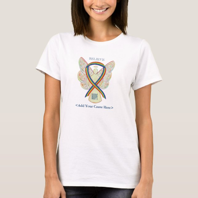 Rainbow Awareness Ribbon Engel Custom Ursache Shir T-Shirt (Vorderseite)