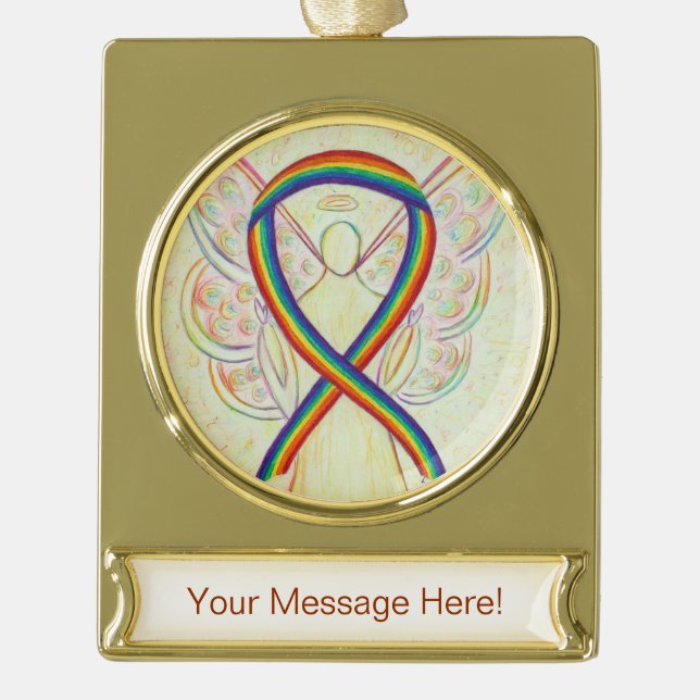 Rainbow Awareness Ribbon Engel Kunst Banner-Ornament Gold (Vorderseite)