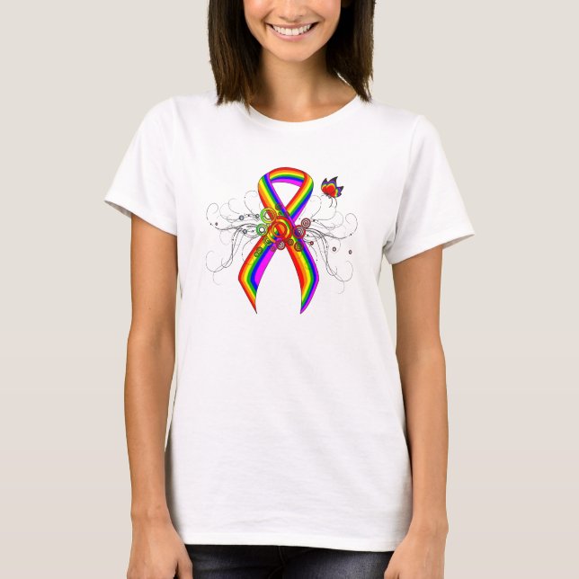 Rainbow Awareness Ribbon mit Butterfly T-Shirt (Vorderseite)