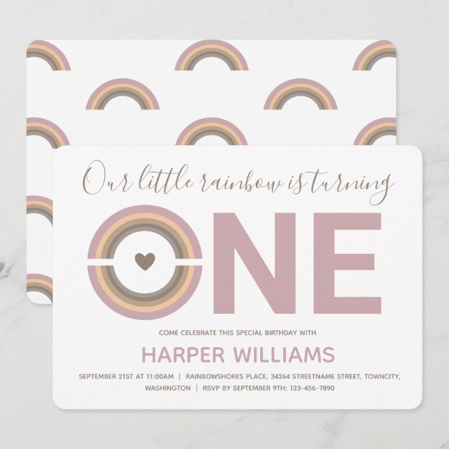 Rainbow Baby 1. Geburtstag Einladung (Vorne/Hinten)