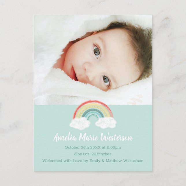 Rainbow Baby Birth Announcement Foto Postkarte (Vorderseite)
