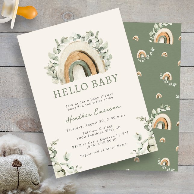 Rainbow Baby Dusche Einladung (Boho Rainbow Eucalyptus  Baby Shower Invitation by Painted Paperie)