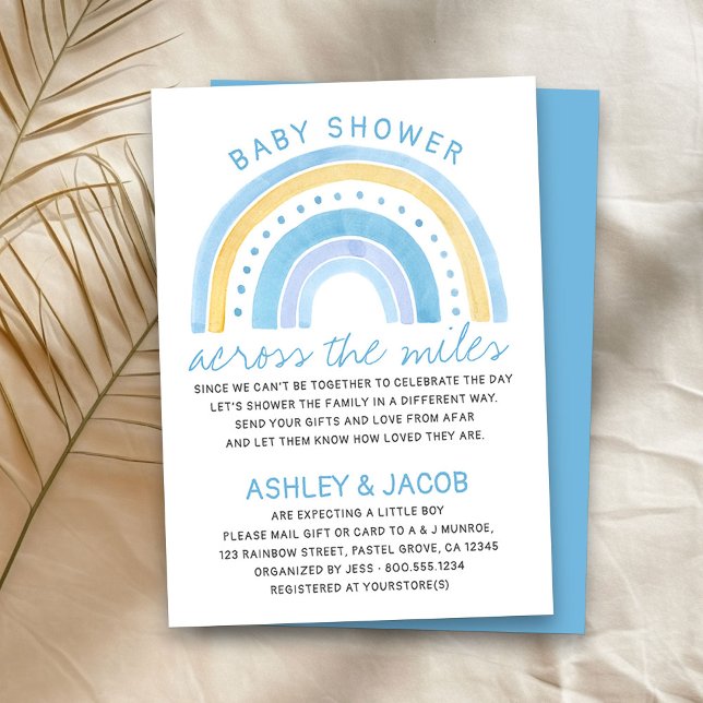 Rainbow Baby Dusche über die Miles Boys Blue Einladung (Boy baby shower by mail invitation with cute rainbow)