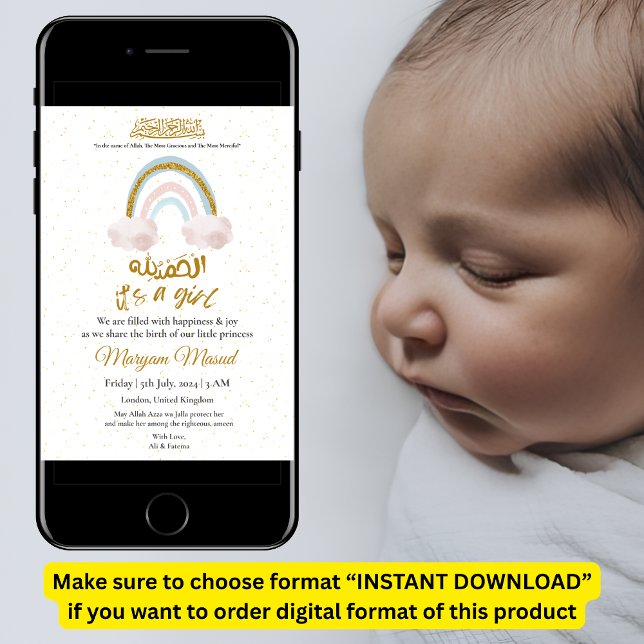 Rainbow Baby Girl Muslim Geburtserklärung Einladung (Von Creator hochgeladen)