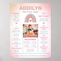 Rainbow Baby Girl's First Birthday Milestone Stats