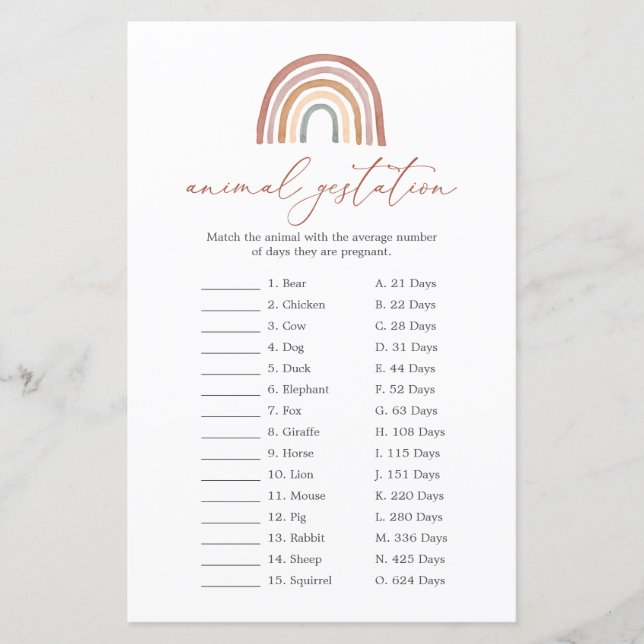 Rainbow Baby Shower Animal Gestage Game (Vorderseite)