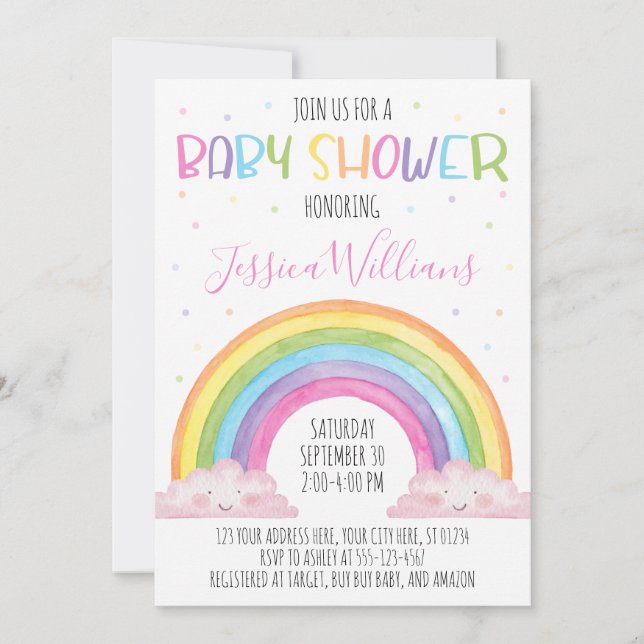 Rainbow Baby Shower Einladung, Girl Baby Shower Einladung (Vorderseite)