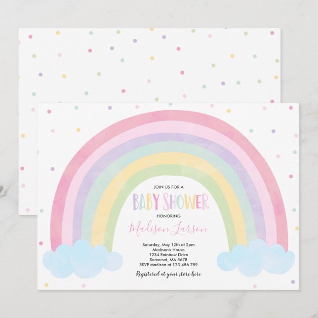 Rainbow Baby Shower Einladung Pastel Rainbow Baby (Vorne/Hinten)
