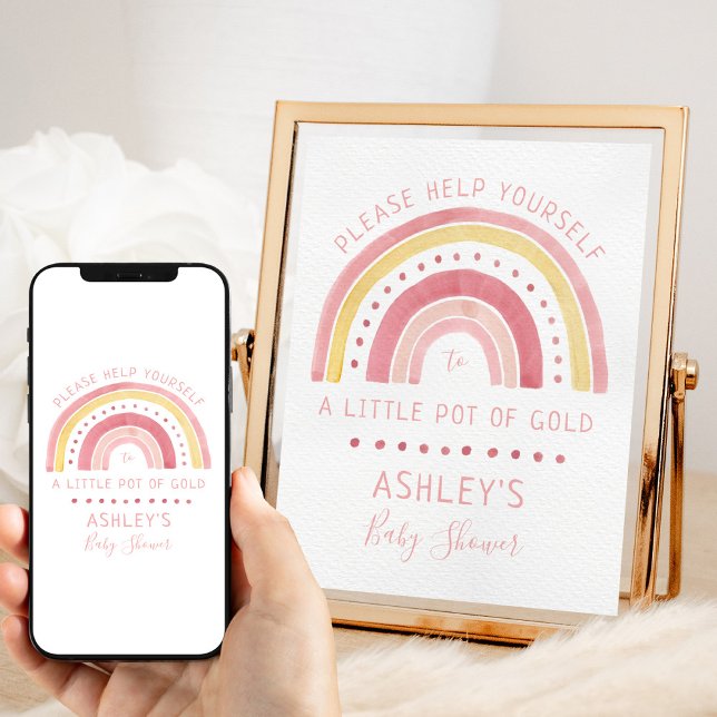 Rainbow Baby Shower Pink Pot of Gold Favorits Zeic Poster (Rainbow baby shower favors sign)