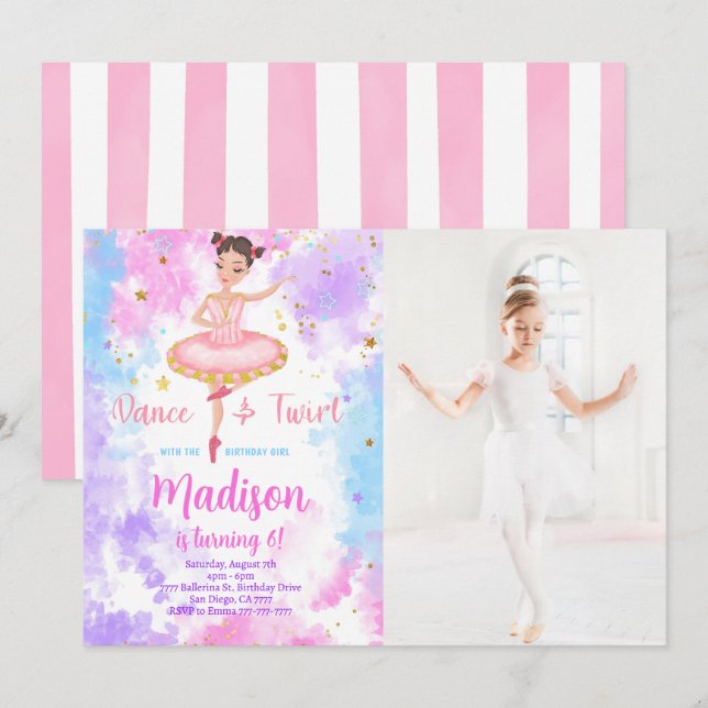 Rainbow Ballerina Foto Einladung (Vorne/Hinten)