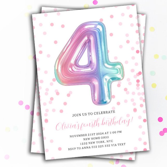 Rainbow Balloon 4th Birthday Girl Party Number Einladung (Rainbow Balloon Number 4th Birthday Girl Invitations)