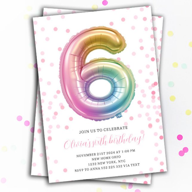 Rainbow Balloon 6th Birthday Girl Party Number Einladung (6th Rainbow Balloon Number Girl party Birthday Invitations)