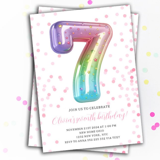 Rainbow Balloon 7th Birthday Girl Party Number Einladung (7th Birthday Rainbow Balloon Number Girl Invitations)