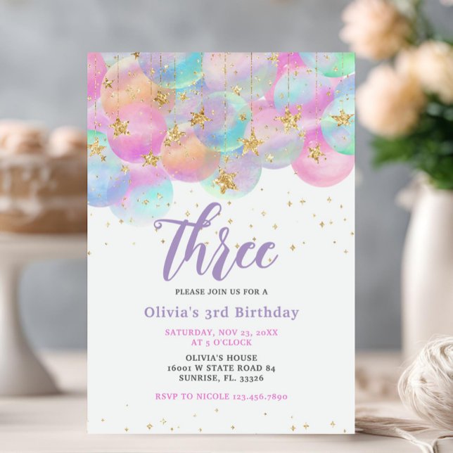 Rainbow Balloon Pink 3. Geburtstag Party Einladung (Von Creator hochgeladen)