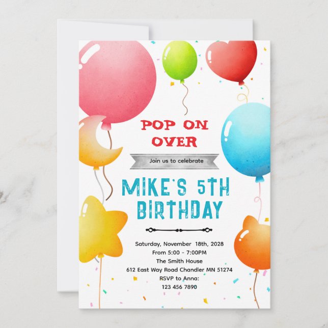 Rainbow Balloons Birthday Invitation Einladung (Vorderseite)