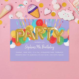 Rainbow Balloons Kinder Lila Geburtstagsparty Einladung
