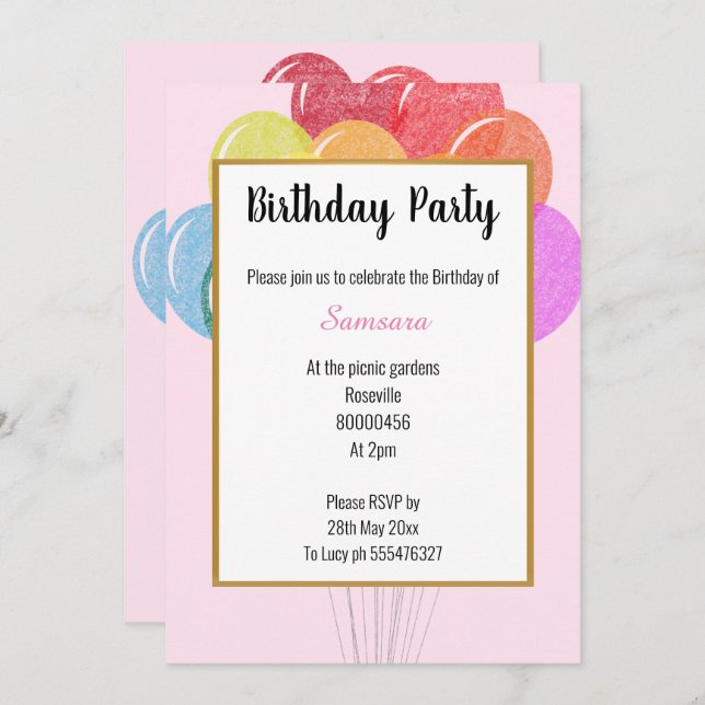 Rainbow Balloons PINK Geburtstag Einladung (Vorne/Hinten)