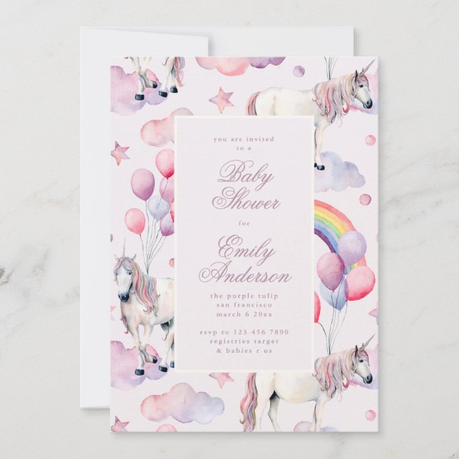 Rainbow Balloons Unicorn Baby Shower Party Girl Einladung (Vorderseite)