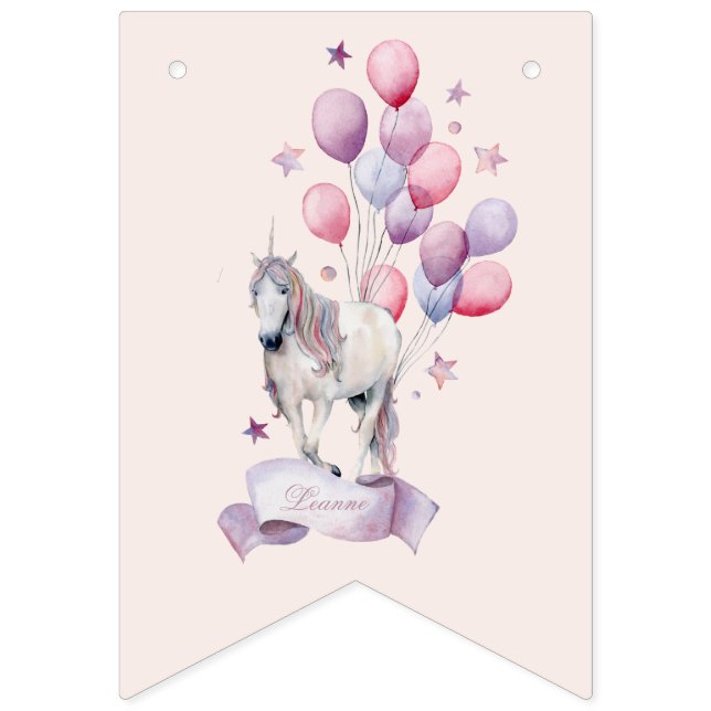 Rainbow Balloons Unicorn Pink Birthday Party Girl Wimpelkette (Dritte Fahne)