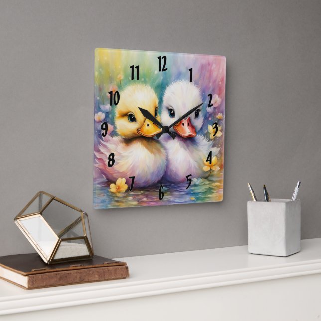 Rainbow Birds Duck 2 Quadratische Wanduhr (Büro)