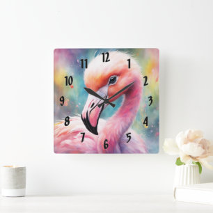 Rainbow Birds Flamingo 2 Quadratische Wanduhr