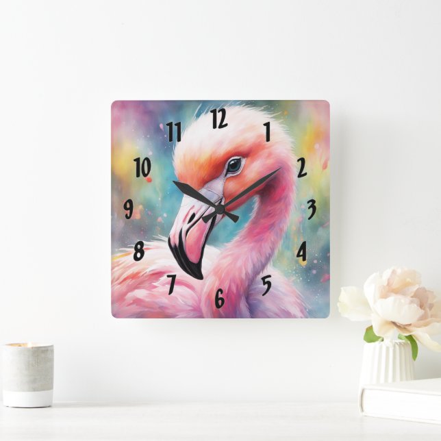 Rainbow Birds Flamingo 2 Quadratische Wanduhr (Zuhause)