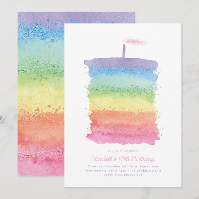 Rainbow Birthday Cake Invite, Rainbow 1. Party Einladung (Vorne/Hinten)
