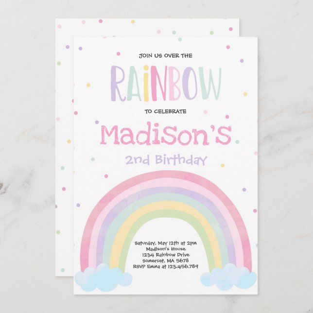 Rainbow Birthday Einladung Pastel Rainbow Party (Vorne/Hinten)
