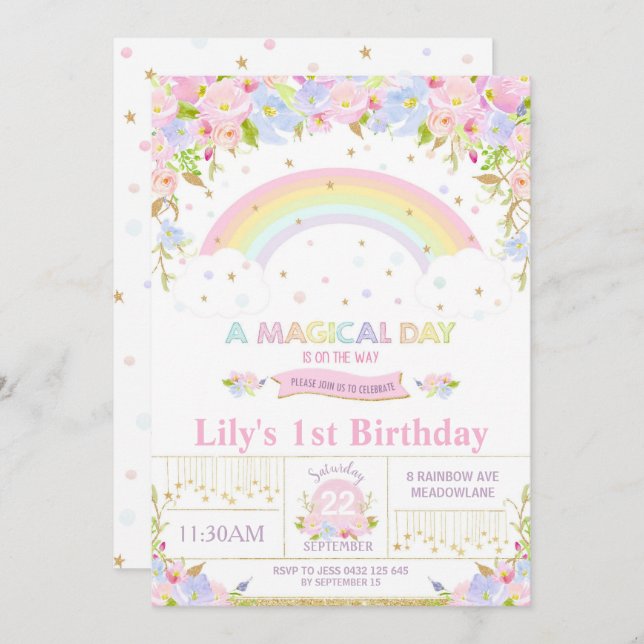 Rainbow Birthday Party Einladung Floral Girl (Vorne/Hinten)