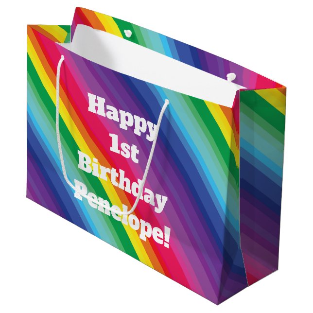 Rainbow Birthday Party Große Geschenktüte (Vorderseite Schrägansicht)