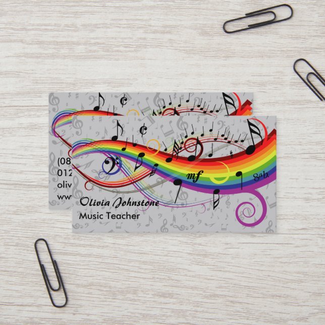 Rainbow Black Music Notes on Gray Business Cards Visitenkarte (Vorderseite/Rückseite Beispiel)