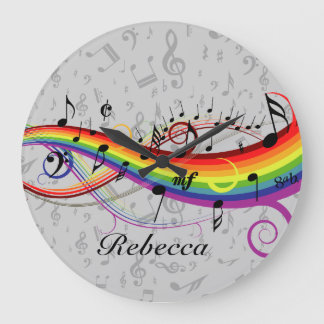 Rainbow Black Musical Notes auf Grau Große Wanduhr