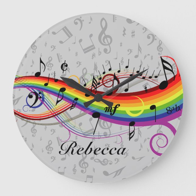 Rainbow Black Musical Notes auf Grau Große Wanduhr (Vorderseite)