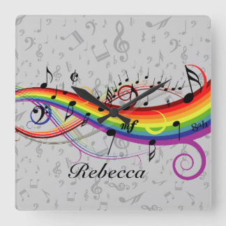 Rainbow Black Musical Notes auf Grau Quadratische Wanduhr
