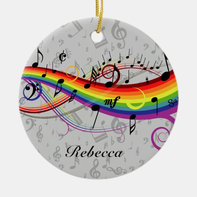 Rainbow Black Musical Notes on Grau Keramik Ornament (Vorne)