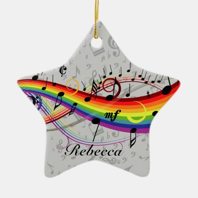 Rainbow Black Musical Notes on Grau Keramikornament (Vorne)