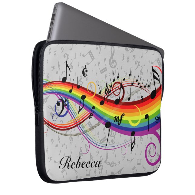 Rainbow Black Musical Notes on Grau Laptopschutzhülle (Vorne Rechts)