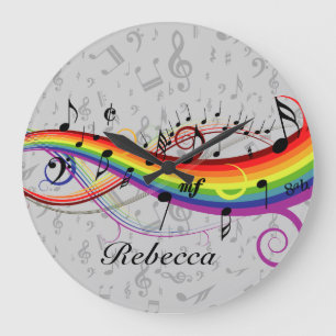 Rainbow Black Musical Notes on Gray Große Wanduhr