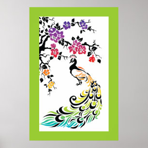 Rainbow, black peacock and cherry blossoms poster